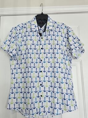 BC Collection Men's White Anchor-Print Short Sleeve Button-Down Shirt Size 11